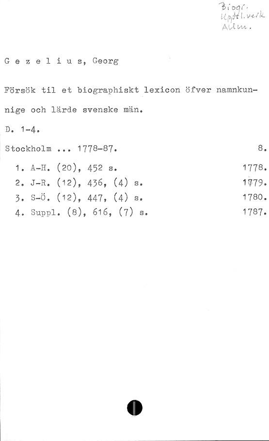  ﻿Gezelius, Georg
3 f DOf' •
AUuvw.
Försök til et biographiskt lexicon öfver namnkun-
nige och lärde svenske män.
D. 1-4.	
Stockholm ... 1778-87.	8
1. A-H. (20), 452 s.	1778
2. J-R. (12), 456, (4) s.	1779
3. S-ö. (12), 447, (4) S.	1780
4. Suppl. (8), 616, (7) a.	1787