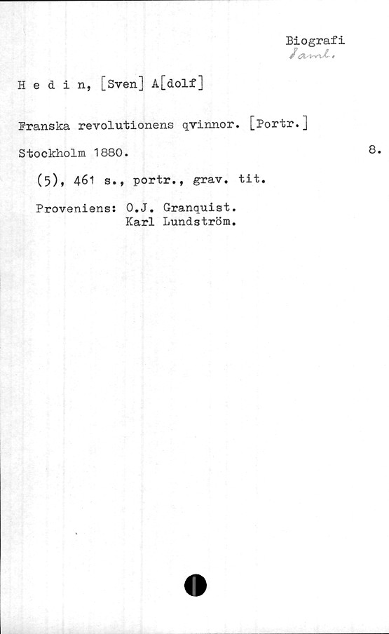  ﻿Hedin, [Sven] A[dolf]
Biografi
Franska revolutionens qvinnor. [Portr.]
Stockholm 1880.
(5), 461 s., portr., grav. tit.
Proveniens: O.J. Granquist.
Karl Lundström.