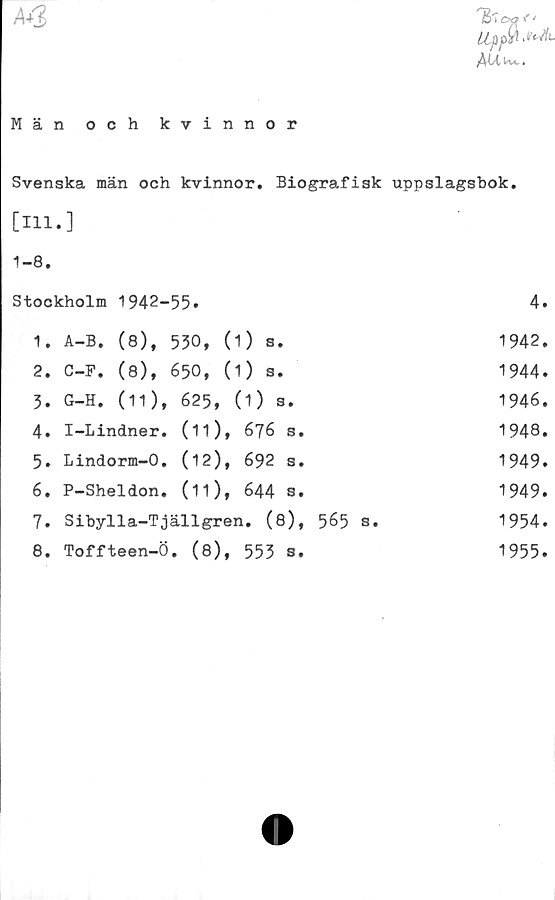  ﻿Art,
Ko*
/4CI Ma .
Män och kvinnor
Svenska män och kvinnor. Biografisk uppslagsbok.
[111.]
1-8.
Stockholm 1942-55.	4.
1.	A-B. (8), 550, (1) s.	1942.
2.	C-F. (8), 650, (1) s.	1944.
3.	G-H. (11), 625, (1) 3.	1946.
4.	I-Lindner. (11),	676	s.	1948.
5.	Lindorm-0. (12),	692	s.	1949.
6.	P-Sheldon. (11),	644	s.	1949.
7.	Sibylla-Tjällgren. (8), 565 s.	1954.
8.	Toffteen-Ö. (8),	553	s.	1955.