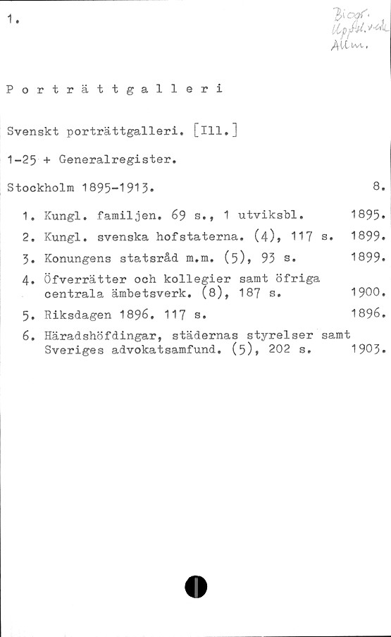  ﻿1.
1%:^
Porträttgalleri
Svenskt porträttgalleri, [ill.]
1-25 + Generalregister.
Stockholm 1895-1913.	8.
1.	Kungl. familjen. 69 s., 1 utviksbl.	1895»
2.	Kungl. svenska hofstaterna. (4)» 117 s. 1899.
3.	Konungens statsråd m.m. (5)» 93 s.	1899*
4.	Öfverrätter och kollegier samt öfriga
centrala ämbetsverk, (ö), 187	s.	1900.
5.	Riksdagen 1896. 117 s.	1896.
6.	Häradshöfdingar, städernas styrelser samt
Sveriges advokatsamfund. (5),	202 s.	1903.