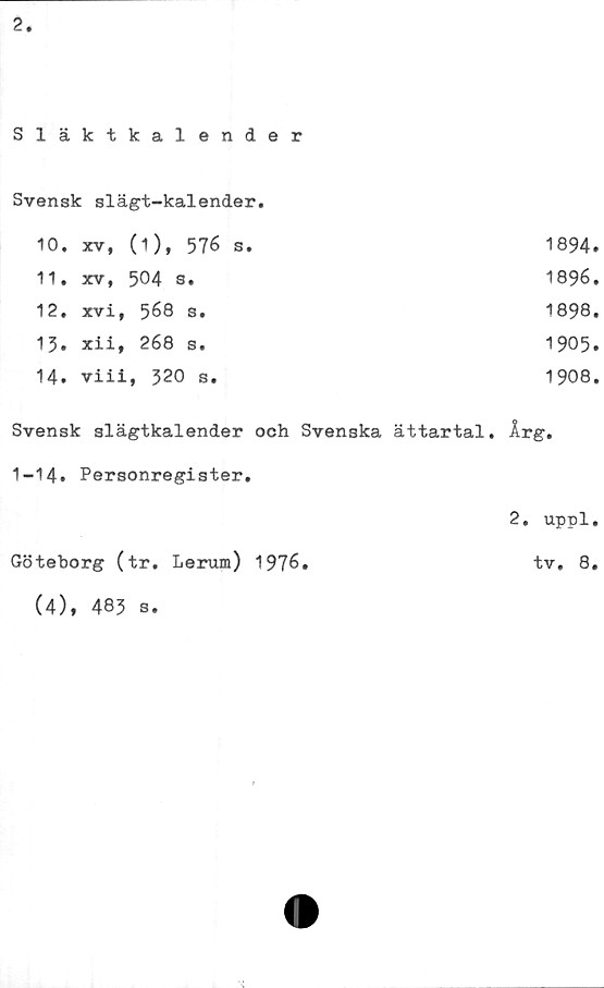  ﻿2
Släktkalender	
Svensk slägt-kalender.	
10. xv, (i), 576 s.	1894
11. xv, 504 a»	1896
12. xvi, 568 s.	1898
13. xii, 268 s.	1905
14. viii, 320 s.	1908
Svensk slägtkalender och Svenska ättartal. År g.
1-14. Personregister.
2. uppl.
Göteborg (tr. Lerum) 1976.	tv. 8.
(4), 483 s.