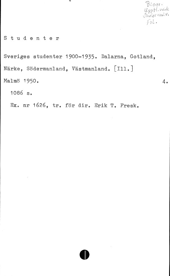  ﻿Sveriges studenter 1900-1935» Dalarna, Gotland,
Närke, Södermanland, Västmanland, [ill.]
Malmö 1950.
4»
1086 s.
Ex. nr 1626, tr. för dir. Erik T. Fresk.
