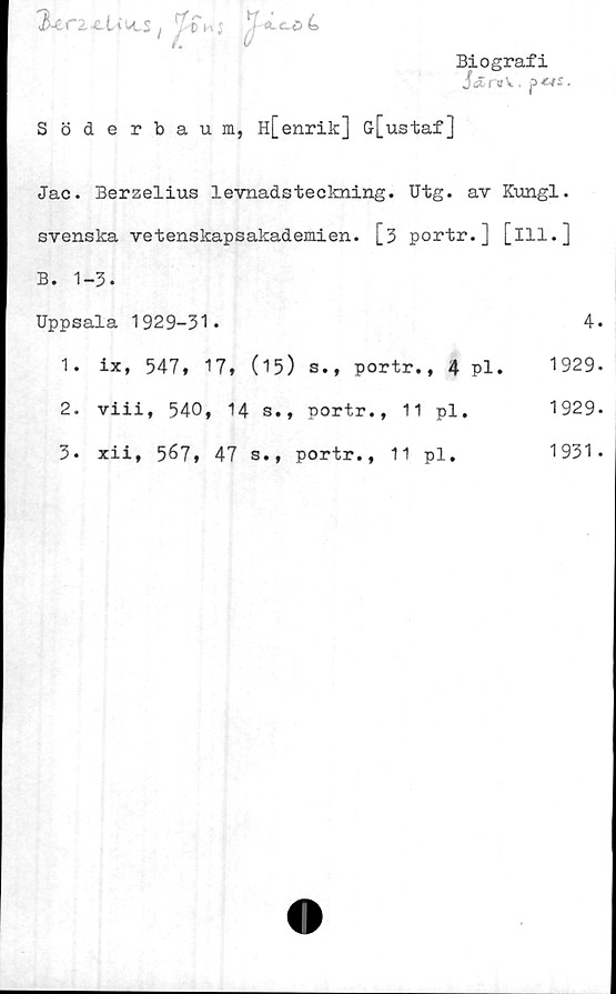  ﻿Biografi
Jdr#v.. p*fs •
3-eri-eUucs,	*f-<lc-e>(>
Söderbaum, H[enrik] G[ustaf]
Jac. Berzelius levnadsteckning. Utg. av Kungl.
svenska vetenskapsakademien. [3 portr.] [ill.]
B. 1-3.
Uppsala 1929-31.	4.
1. ix, 547, 17, (15) s., portr., 4 pl.	1929.
2. viii, 540, 14 s., portr., 11 pl.	1929*
3.	xii, 567» 47 s., portr., 11 pl.	1931*