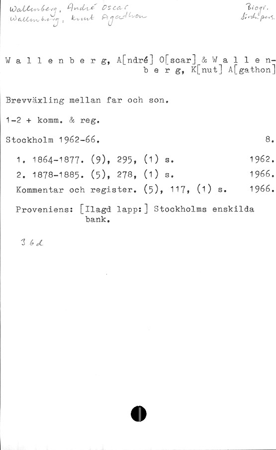  ﻿PscAf
, W Ajcc
%io<rf.
Wallenber g, A[ndré] 0[scar] & Wallen-
berg, K[nut] A[gathon]
Brevväxling mellan far och son.
1-2 + komm. & reg.
Stockholm 1962-66,	8.
1 . 1864-1877. (9), 295,	0) s.	1962.
2. 1878-1885. (5), 278,	(i) s.	1966.
Kommentar och register.	(5), 117,	(i) s.	1966.
Proveniens: [ilagd lapp:] Stockholms enskilda
bank.
