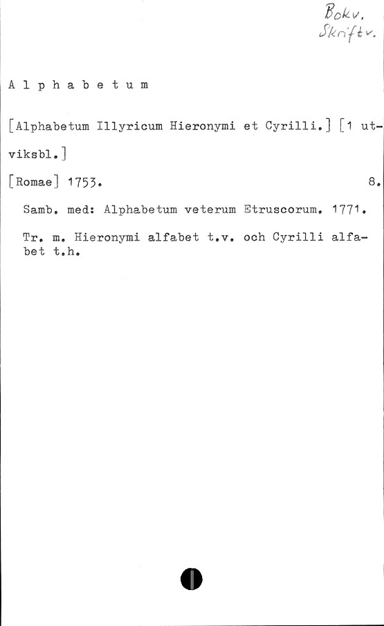 ﻿v.
Alphabetum
[Alphabetum Illyricum Hieronymi et Cyrilli.] [1 ut-
viksbl.]
[Romae] 1753»	8»
Samb. med: Alphabetum veterum Etruscorum. 177''»
Tr. m. Hieronymi alfabet t.v. och Cyrilli alfa-
bet t.h.