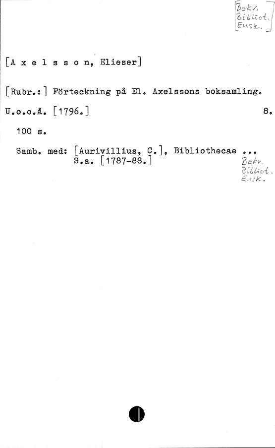  ﻿% i L Uo-L
Éu-sk-,
[Axelsson, Elieser]
[Rubr.:] Förteckning på El, Axelssons boksamling,
U.o.o.å. [1796.3	8,
100 s.
Samb. med: [Aurivillius, C.], Bibliothecae ...
S.a. [1787-88.]	go^,