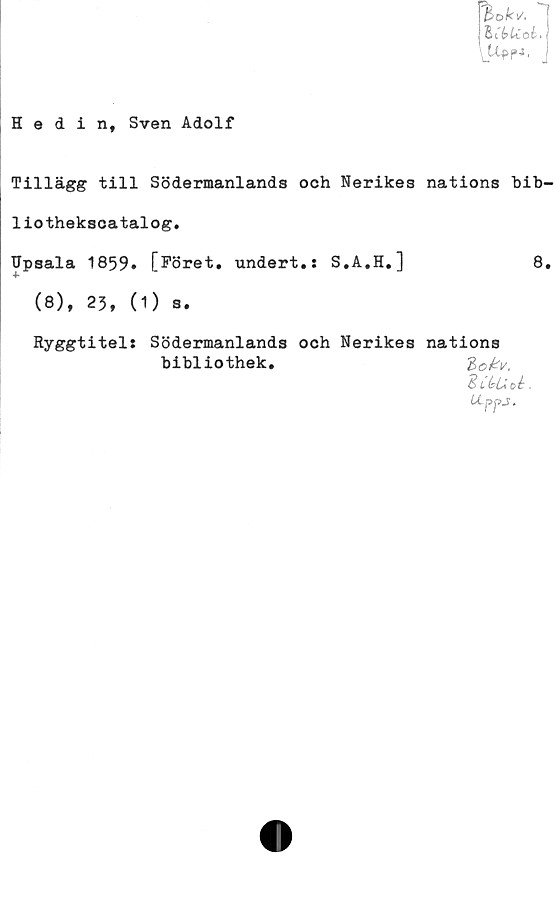  ﻿Hedin, Sven Adolf
lo k* T
hi.bU.ob>
\Ufpi.
Tillägg till Södermanlands och Nerikes nations bib-
liothekscatalog.
TJpsala 1859. [Föret, undert.: S.A.H.]	8.
(8), 23, (1) s.
Ryggtitel: Södermanlands och Nerikes nations
bibliothek.
L bUoé .
LLppj.