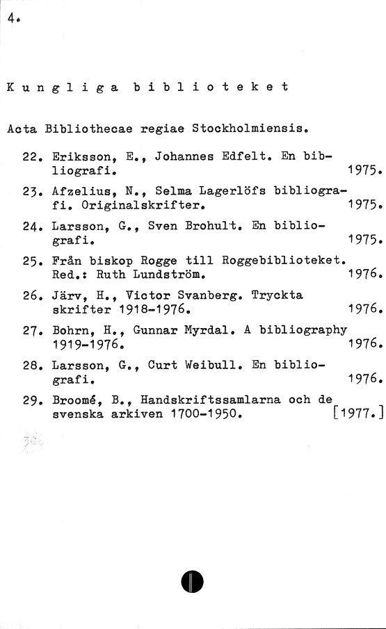  ﻿4»
Kungliga biblioteket
Aota Bibliothecae regiae Stockholmiensis.
22.	Eriksson, E., Johannes Edfelt. En bib-
liografi.	1975.
23.	Afzelius, N., Selma Lagerlöfs bibliogra-
fi. Originalskrifter.	1975»
24» Larsson, G., Sven Brohult. En biblio-
grafi.	1975.
25.	Från biskop Rogge till Roggebiblioteket.
Red.: Ruth Lundström.	1976.
26.	Järv, H., Victor Svanberg. Tryckta
skrifter 1918-1976.	1976.
27.	Bohrn, H., Gunnar Myrdal. A bibliography
1919-1976.	1976.
28.	Larsson, G., Curt Weibull. En biblio-
grafi.	1976.
29.	Broomé, B., Handskriftssamlarna och de
svenska arkiven 1700-1950.	[1977•]