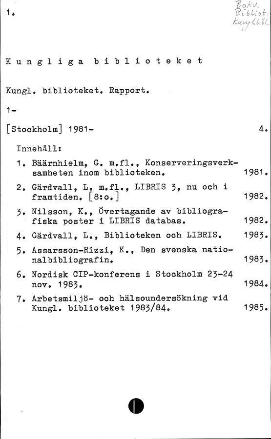  ﻿1*
“3 a A
o i 6 Uok.
Kungliga biblioteket
Kungl. biblioteket. Rapport.
1-
[Stockholm] 1981-	4.
Innehåll:
1.	Bäärnhielm, G. m.fl., Konserveringsverk-
samheten inom biblioteken.	1981.
2.	Gärdvall, L, m.fl., LIBRIS 3» nu och i
framtiden. [8:o.]	1982.
3.	Nilsson, K., Övertagande av bibliogra-
fiska poster i LIBRIS databas.	1982.
4.	Gärdvall, L., Biblioteken och	LIBRIS. 1983»
5.	Assarsson-Rizzi, K., Den svenska natio-
nalbibliografin.	1983»
6.	Nordisk ClP-konferens i Stockholm 23-24
nov. 1983.	1984.
7.	Arbetsmiljö- och hälsoundersökning vid
Kungl. biblioteket 1983/84.	1985.