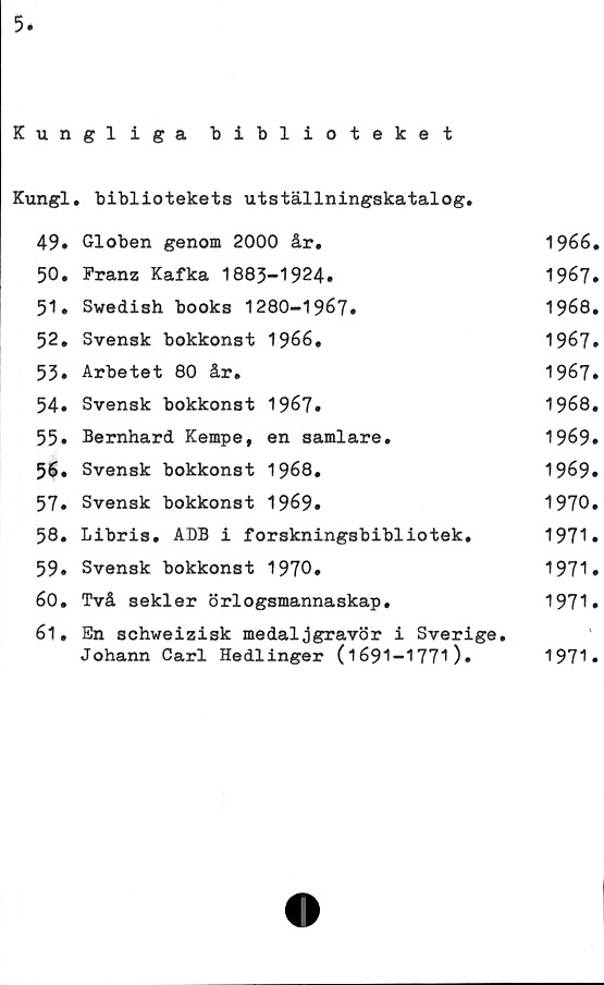  ﻿5
Kungliga biblioteket
Kungl. bibliotekets utställningskatalog.
49»	Globen genom 2000 år.	1966.
50.	Franz Kafka 1885-1924.	1967.
51.	Swedish books 1280-1967.	1968.
52.	Svensk bokkonst 1966,	1967.
55.	Arbetet 80 år.	1967.
54.	Svensk	bokkonst	1967.	1968.
55»	Bernhard Kempe,	en samlare.	1969.
56.	Svensk	bokkonst	1968.	1969.
57.	Svensk	bokkonst	1969.	1970.
58.	Libris. ADB i forskningsbibliotek.	1971.
59.	Svensk bokkonst 1970.	1971.
60.	Två sekler örlogsmannaskap.	1971.
61.	En schweizisk medaljgravör i Sverige.
Johann Carl Hedlinger (1691-1771).	1971.