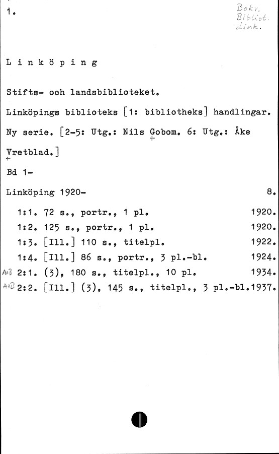  ﻿1
23 o k v,
Bi bU ■
oLink..
Linköping
Stifts- och landsbiblioteket.
Linköpings biblioteks [1: bibliotheks] handlingar.
Ny serie. [2-5: Utg.: Nils Gobom. 6: Utg.: Åke
Vretblad.]
Bd 1-
Linköping 1920-	8.
1:1. 72 s., portr.,	1 pl.	1920.
1:2. 125 s., portr., 1 pl.	1920.
1:3. [ill.] 110 s.,	titelpl.	1922.
1:4. [ill.] 86 s., portr., 3 pl.-bl.	1924.
Ml 2:1. (3), 180 s., titelpl., 10 pl.	1934.
*♦32:2. [111.] (3), 145 s., titelpl., 3 pl.-bl.1937.