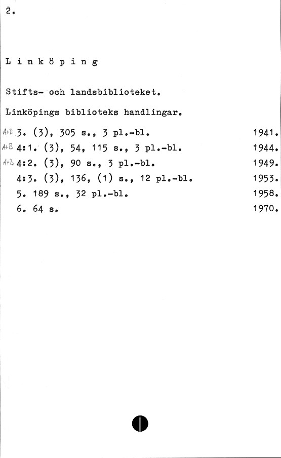  ﻿2
Linköping
Stifts- och landsbiblioteket.
Linköpings biblioteks handlingar,
*1.3. (3), 305 s., 3 pl.-bl.	1941.
^E4:1. (3), 54, 115 s., 3 pl.-bl.	1944.
4+h4*2. (3), 90 s., 3 pl.-bl.	1949.
4:3. (5), 136, (i) s., 12 pl.-bl.	1953.
5.	189 8.v 32 pl.-bl.	1958.
6,	64 s.	1970.