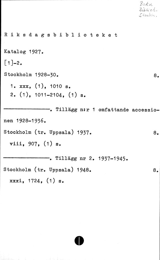  ﻿ZUtUol.
Riksdagsbiblioteket
Katalog 1927.
[1J-2.
Stockholm 1928-30.
8.
1.	xxx, (1), 1010 s.
2.	(1), 1011-2104, (1) s.
Tillägg n:r 1 omfattande accessio-
nen 1928-1936.
Stockholm (tr. Uppsala) 1937.
viii, 907, (1) s.
8.
-. Tillägg nr 2. 1937-1945.
Stockholm (tr. Uppsala) 1948.
xxxi, 1724, (1) s.
8.