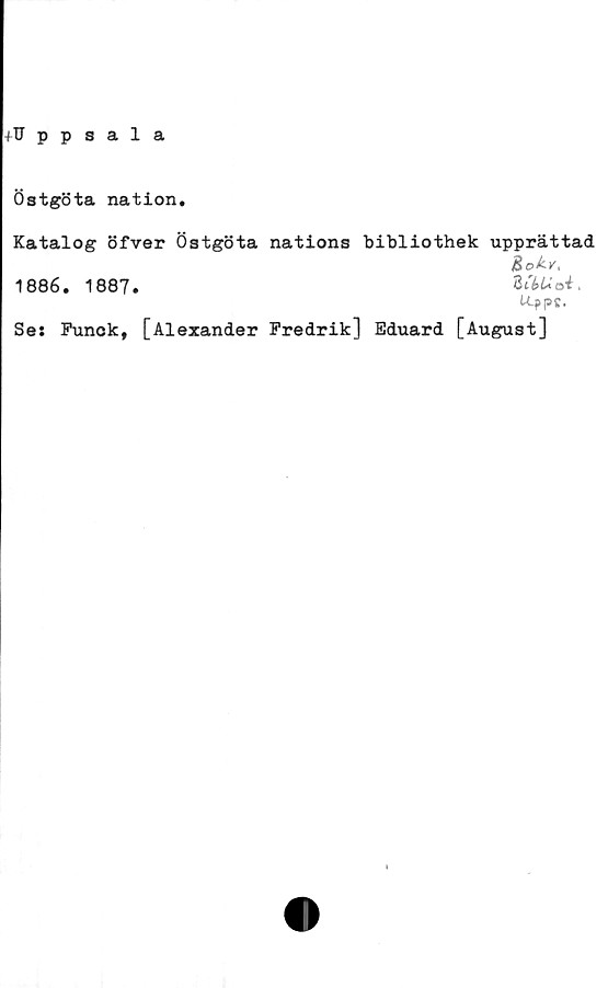  ﻿+Uppsala
Östgöta nation.
Katalog öfver Östgöta nations bibliothek upprättad
1886. 1887.
U-ppc.
Se: Funck, [Alexander Fredrik] Eduard [August]