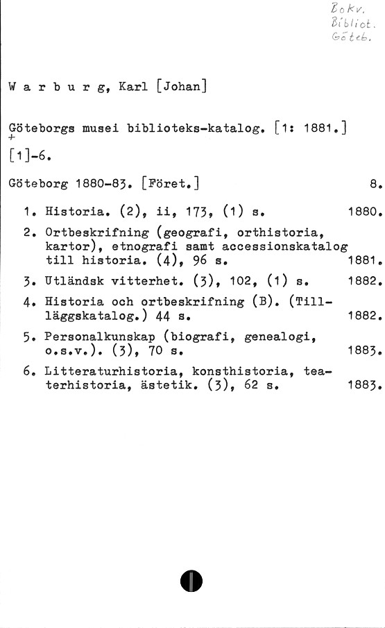  ﻿Warburg, Karl [Johan]
%o	k v
2i bliot.
GcitL.
Göteborgs musei biblioteks-katalog. [i: 1881,]
•b
[l]-6.
Göteborg 1880-83. [Föret.]	8.
1.	Historia. (2), ii, 173, 0) s.	1880.
2.	Ortbeskrifning (geografi, orthistoria,
kartor), etnografi samt accessionskatalog
till historia. (4), 96	s.	1881.
3.	Utländsk vitterhet. (3)» 102, (i) s. 1882.
4.	Historia och ortbeskrifning (B). (Till-
läggskatalog.) 44 s.	1882.
5.	Personalkunskap (biografi, genealogi,
o.s.v.). (3), 70 s.	1883.
6.	Litteraturhistoria, konsthistoria, tea-
terhistoria, ästetik. (3), 62 s.	1883.