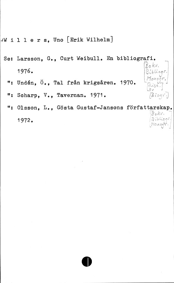  ﻿JWillers, Uno [Erik Wilhelm]
Ses Larsson, G., Curt Weibull. En bibliografi.
1976.	ftUUyr.
"i Undén, Ö., Tal från krigsåren. 1970.
w: Scharp, V., Tavernan. 1971.
"s Olsson, L,, Gösta Gustaf-Jansons författarskap.
fåo/v. ~!
1972.
J4ou*o*jf> I