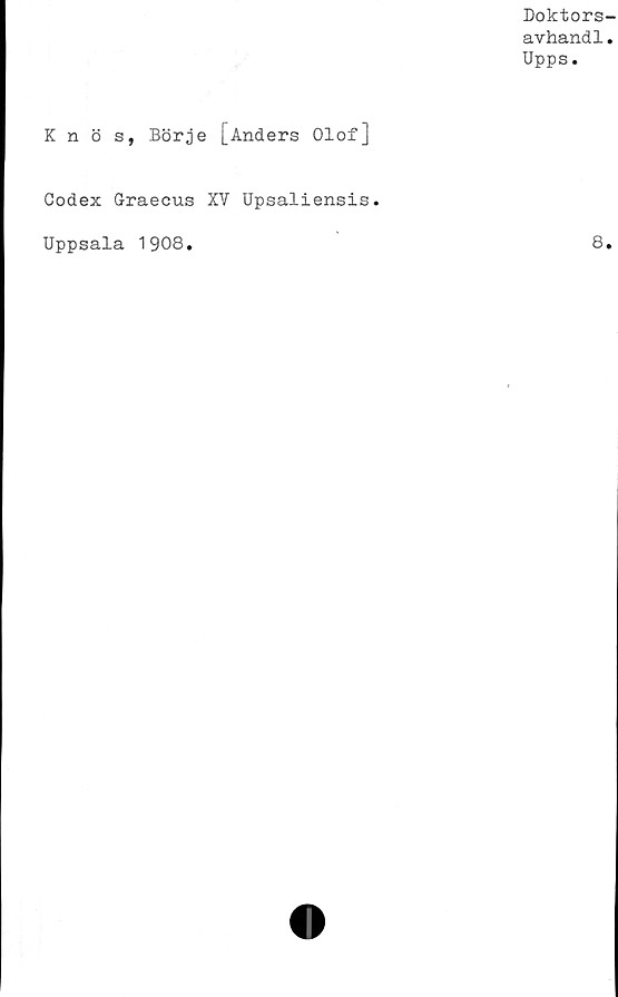 ﻿Doktors-
avhand1.
Upps.
Knös, Börje [Anders Olof]
Codex Graecus XV Upsaliensis.
Uppsala 1908
8