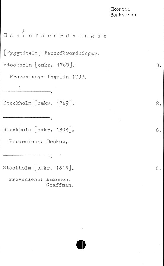  ﻿Ekonomi
Bankväsen
Bancoförordningar
[Ryggtitels] Bancoförordningar.
Stockholm [omkr.	17^9]•	8
Proveniens: Insulin 1797»
Stockholm [omkr.	1769]*	8
Stockholm [omkr.	18031.	8
Proveniens: Beskow.
)
...... '	' •
Stockholm [omkr.	1815].	8
Proveniens: Aminson.
Graffman