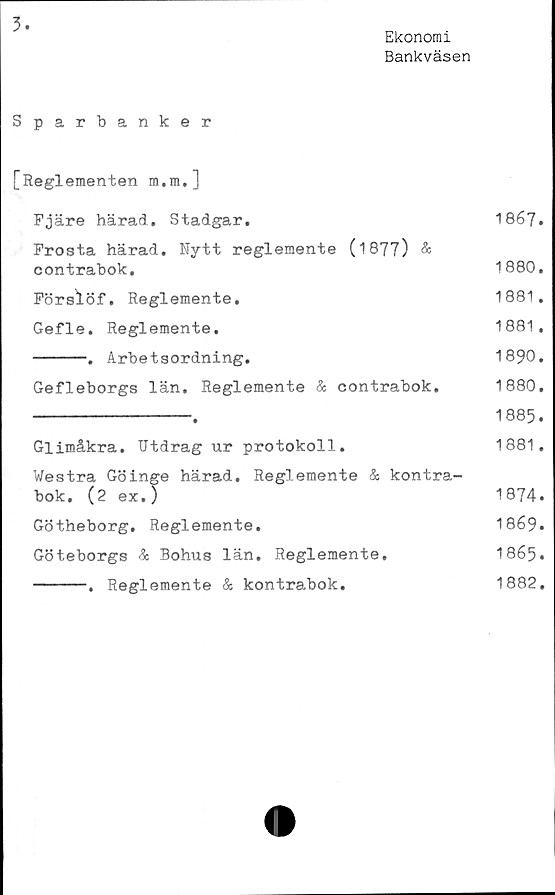  ﻿Ekonomi
Bankväsen
3.
Sparbanker
[Reglementen m.m.]
Fjäre härad. Stadgar.	1867.
Frosta härad. Nytt reglemente (1877) &
contrabok.	1880.
Förslöf. Reglemente.	1881.
Gefle. Reglemente.	1881.
-----. Arbetsordning.	1890.
Gefleborgs län. Reglemente &	contrabok.	1880,
----------------.	1885.
Glimåkra. Utdrag ur protokoll.	1881.
Westra Göinge härad. Reglemente & kontra-
bok. (2 ex.)	1874.
Götheborg. Reglemente.	1869.
Göteborgs & Bohus län. Reglemente.	1865.
-----. Reglemente & kontrabok.	1882,