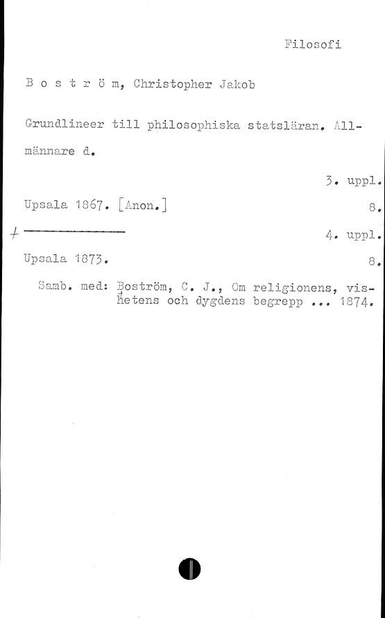  ﻿Filosofi
Boström, Christopher Jakob
Grundlineer till philosophiska statsläran. All-
männare d.
Upsala 1867. [Anon.]
4---------------
Upsala 1873»
3.	uppl.
8.
4.	uppl.
8.
Samb. med: Boström, C. J., Om religionens, Vis-
Se tens och dygdens begrepp ... 1874»
