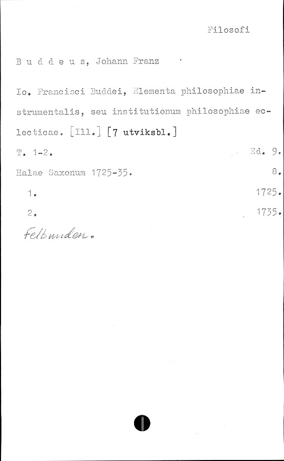  ﻿Filosofi
Buddeus, Johann Franz
Io. Francisci Buddei, Elementa philosophiae in-
strumentalis, seu institutionum philosophiae ec-
lecticae. [ill.] [7 utviksbl.]
T. 1-2.	Ed. 9-
Halae Saxonum 1725-35»
1.
2.
fe/é> .
8.
1725.
1735.