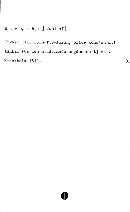  ﻿Bure, Joh[an] Gust[af]
Utkast till förnufts-läran, eller konsten att
tänka. För den studerande ungdomens tjenst.
Stockholm 1812