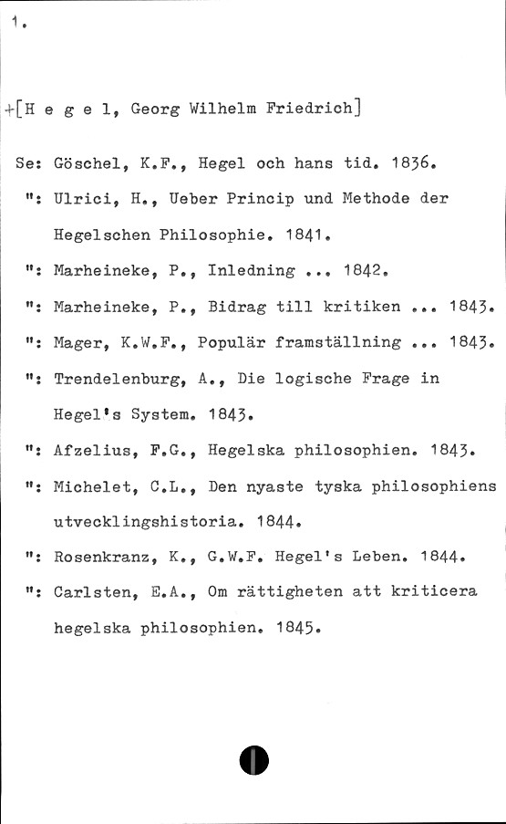  ﻿1
+[Hegel, Georg Wilhelm Friedrich]
Se: Göschel, K.F., Hegel och hans tid. 1836.
Ulrici, H., Ueber Princip und Methode der
Hegelschen Philosophie. 1841.
Marheineke, P., Inledning ... 1842.
Marheineke, P., Bidrag till kritiken ... 1843»
Mager, K.W.F., Populär framställning ... 1843»
Trendelenburg, A., Die logische Frage in
Hegel's System. 1843»
Afzelius, F.G., Hegelska philosophien. 1843»
Michelet, C.L., Den nyaste tyska philosophiens
utvecklingshistoria. 1844»
Rosenkranz, K., G.W.F. Hegel's Leben. 1844»
Carlsten, E.A., Om rättigheten att kriticera
hegelska philosophien. 1845