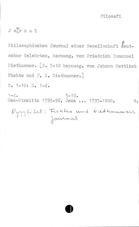  ﻿Filosofi
°!ö
rnal
Philosophisches Journal einer Gesellschaft deut-
scher Gelehrten, herausg. von Friedrich Immanuel
Niethammer. [B. 5-10 herausg. von Johann Gottlieh
Fichte und F. I. Niethammer.]
B. 1-10: H. 1-4.
1-4.	5-10.
Ueu-Strelitz 1795-96, Jena ... 1797-1800.
8.
f? W /“V	H 6-C^ss	dl Ki	,/Wi
rn
