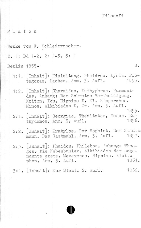  ﻿Filosofi
Platon
Werke von F. Schleiermacher.
+
T. 1: Bd 1-2, 2: 1-3, 3: 1
Berlin 1855-	8.
1:1. [inhalt]: Einleitung. Phaidros. Lysis. Pro-
tagoras. Lach.es. Anm. 3» Aufl.	1855*
1:2. [inhalt]: Charmides. Euthyphron. Parmeni-
des. Anhang; Der Sokrates Vertheidigung.
Kr i ton, lon. Hippias D. Kl. Ilipparchos.
Minos. Alkibiades D. Zw. Anm. 3» Aufl.
1855.
2:1. [inhalt]: Georgias. Theaitetos, Menon. Eu-
thydemos. Anm. 3» Aufl.	1856.
2:2. [inhalt]: Kratylos. Der Sophist. Der Staats
mann. Das Gastmahl. Anm. 3* Aufl. 1857»
2:3. lI*1*18-^]: Phaidon. Fhilebos. Anhang: Thea-
ges. Die ITebenbuhler. Alkibiades der soge-
nannte erste. Menexenos. Hippias. Kleito-
phon. Anm. 3* Aufl.	1861.
3:1. [inhalt]: Der Staat. 2. Aufl.	1862.