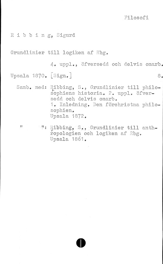  ﻿Filosofi
Ribbing, Sigurd
Grundlinier till logiken af Rbg.
4. uppl., öfversedd och delvis omarb
Upsala 1870. [Sign.]	8
Samb. med: I^ibbing, S., Grundlinier till philo-
sophiens historia. 2. uppl. öfver-
sedd och delvis omarb.
1. Inledning. Den förchristna philo-
sophien.
Upsala 1872.
i^ibbing, S., Grundlinier till anth-
ropologien och logiken af Rbg.
Upsala 1861.