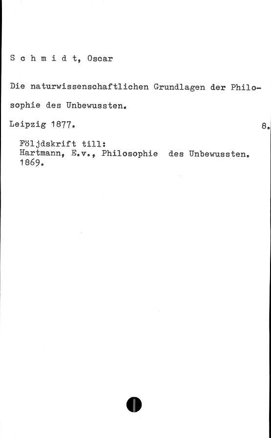  ﻿Schmidt, Oscar
Me naturwissenschaftlichen Grundlagen der Philo-
sophle des Unbewussten,
Leipzig 1877.	8
Följdskrift till:
Hartmann, E.v., Philosophie des Unbewussten.
1869.