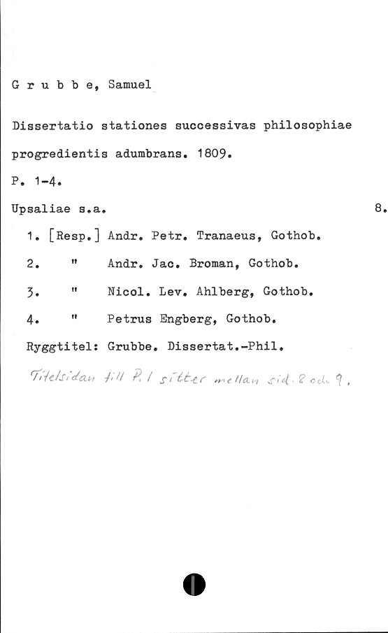  ﻿Grubbe, Samuel
Dissertatio stationes successivas philosophiae
progredientis adumbrans. 1809.
P. 1-4.
Upsaliae s.a.
1. [Resp.] Andr. Petr. Tranaeus, Gothob.
2. "	Andr. Jac. Broman, Gothob.
3.	Nicol. Lev. Ahlberg, Gothob.
4.	Petrus Engberg, Gothob.
Ryggtitel:	Grubbe. Dissertat.-Phil.
'fiidstéaM /;// ?, /	(*	? Octw ^ ,