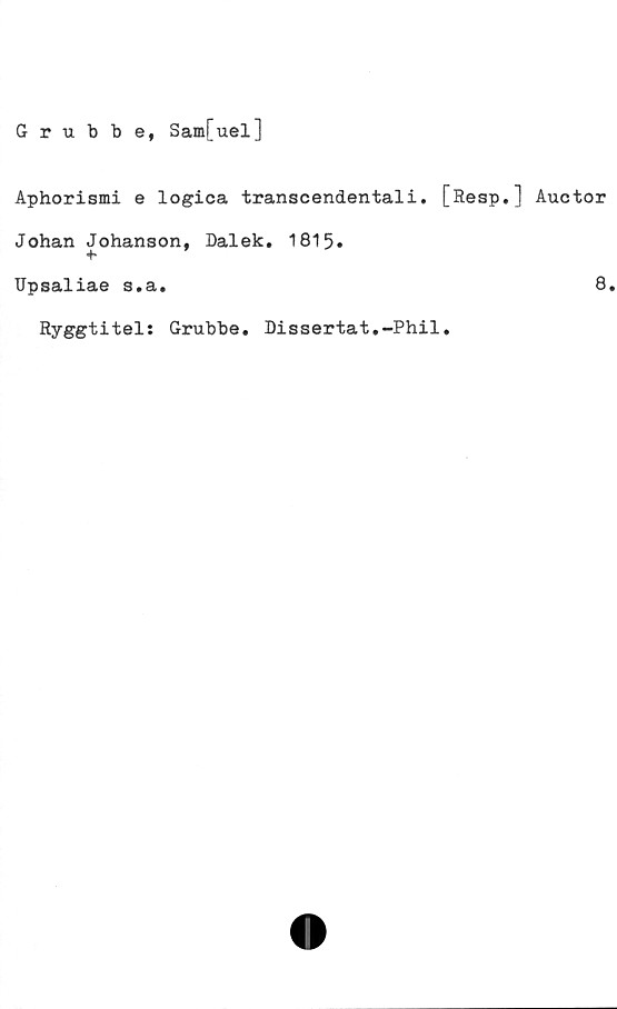  ﻿Grubbe, Samfuel]
Aphorismi e logica transcendentali. [Resp.] Auotor
Johan Johanson, Dalek. 1815.
Upsaliae s.a.	8
Ryggtitels Grubbe. Dissertat.-Phil.