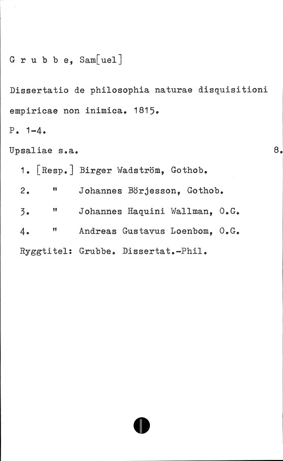  ﻿Grubbe, Sam[uel]
Dissertatio de philosophia naturae disquisitioni
empiricae non inimica. 1815.
P. 1-4.
Upsaliae s.a.
1. [Resp*] Birger Wadström, Gothob.
2. "	Johannes Börjesson, Gothob.
3.	Johannes Haquini Wallman, O.G.
4.	Andreas Gustavus Loenbom, O.G.
Ryggtitel:	Grubbe. Dissertat.-Phil.