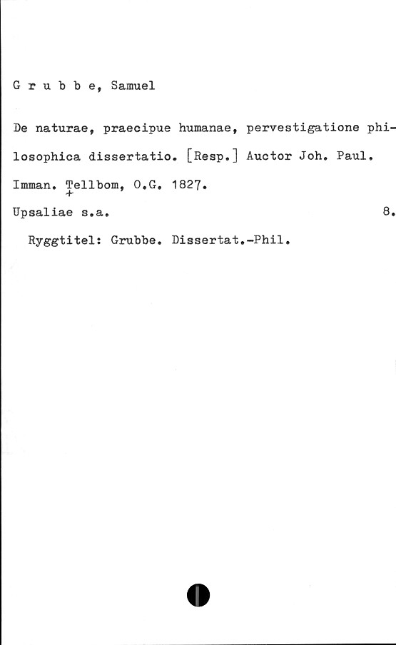  ﻿Grubbef Samuel
De naturae, praeeipue humanae, pervestigatione phi-
losophica dissertatio. [Resp.] Auctor Joh. Paul.
Imman. Tellbom, O.G, 1827.
Upsaliae s.a.
Ryggtitel: Grubbe. Dissertat.-Phil.
8.