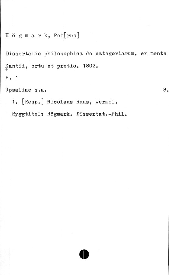  ﻿Hö gmark, Pet[rus]
Dissertatio philosophica de categoriarum, ex mente
Kantii, ortu et pretio. 1802.
P. 1
Upsaliae s.a.	8
1. [Resp.] Nicolaus Ruus, Wermel.
Ryggtitel: Högmark. Dissertat.-Phil,