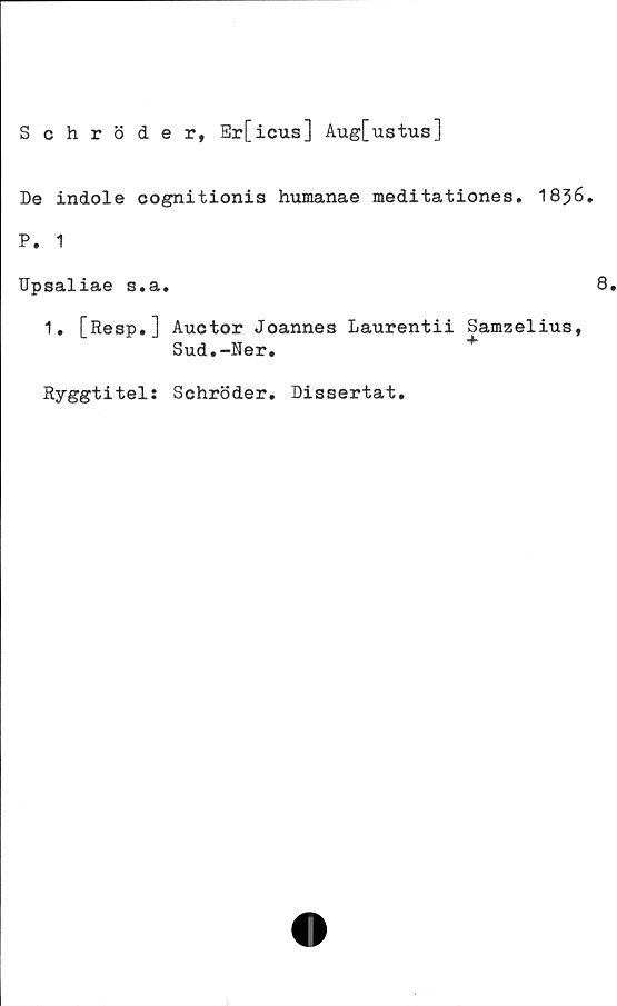  ﻿Schröder, Er[icus] Aug[ustus]
De indole cognitionis humanae meditationes. 1836.
P. 1
Upsaliae s.a.	8
1. fResp.] Auctor Joannes Laurentii Samzelius,
Sud.-Ner.
Ryggtitel: Schröder. Dissertat