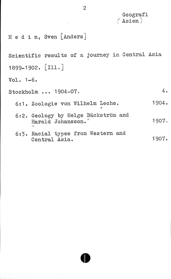  ﻿2
Geografi
( Asien1
Hedin, Sven [Anders]
Scientific results of a joumey in Central Asia
1899-1902. [ill.]
Vol. 1-6.
Stockholm ... 1904-07.	4.
Zoologie von Wilhelm Leche. -f-	1904.
Geology by Helge Bäckström and Harald Johansson.+	1907.
Racial types from Western and Central Asia.	1907.
6:3