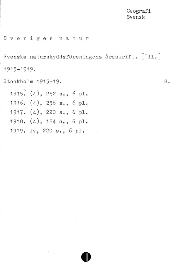  ﻿Geografi
Svensk
Sveriges natur
Svenska naturskyddsföreningens- årsskrift, [ill.]
1915-1919.
Stockholm 1915-19*
1915.	(4), 252 s., 6 pl.
1916.	(4), 256, s., 6 pl.
1917.	(4), 220 s., 6 pl.
1918.	(4), 184 s., 6 pl.
1919.	iv, 220 s., 6 pl.
