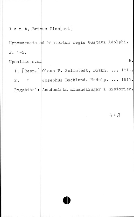  ﻿Pant, Erious Mich[ael]
Hypomnemata ad historiam regis Gustavi Adolphi.
P. 1-2.
Upsaliae s.a.	8.
1. j_Resp• ] Olaus P. Sellstedt, Bothn. ... 1811.
2.	" Josephus Backlund, Medelp. ... 1811.
Ryggtitel: Academiska afhandlingar i historien.
A + B