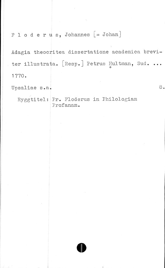  ﻿Floderus, Johannes [= Johan]
Adagia theocritea dissertatione academica brevi-
ter illustrata. [Resp.j Petrus Hultman, Sud. ...
1770.
Upsaliae s.a.
Ryggtitel: Pr. Floderus in Philologiam
Profanam.
8