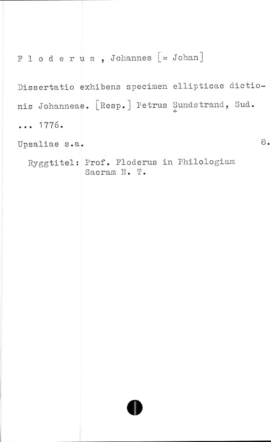  ﻿Ploderus
, Johannes [= Johan]
Dissertatio exhibens specimen ellipticae dictio-
nis Johanneae. [Resp.] Petrus Sundstrand, Sud.
... 1776.
Upsaliae s.a.
Ryggtitel: Prof. Floderus in Philologiam
Sacram N. T.
8