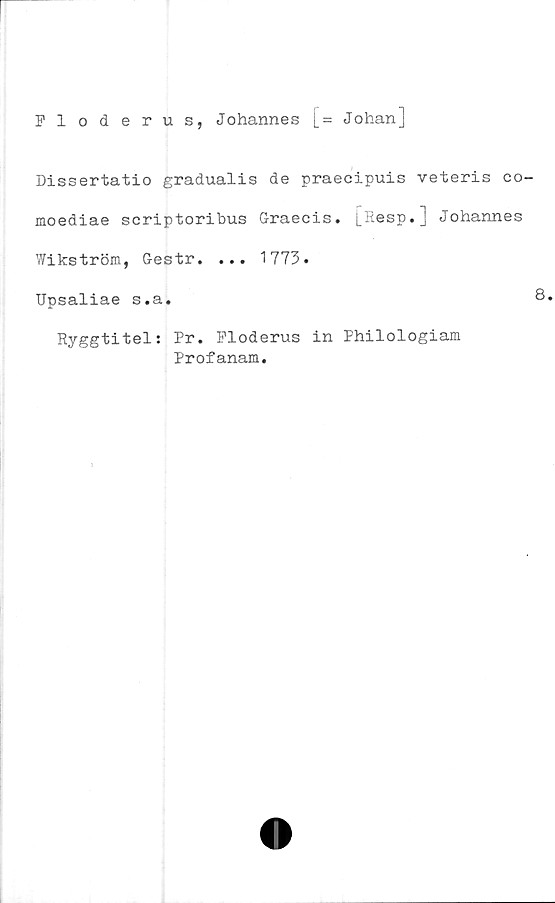  ﻿Floderus, Johannes [= Johan]
Dissertatio gradualis de praecipuis veteris co
moediae scriptoribus Graecis. j_Resp.] Johannes
Wikström, Gestr. ... 1773.
Upsaliae s.a.
Ryggtitel: Pr. Floderus in Philologiam
Profanam.