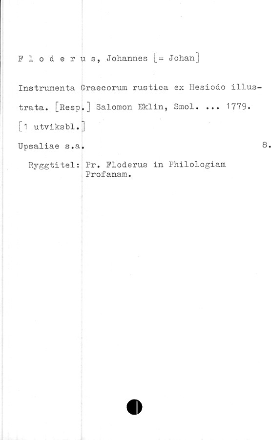  ﻿Floderus, Johannes [= JohanJ
Instrumenta Graecorum rustica ex Hesiodo illus
trata. [Resp.] Salomon Eklin, Smol. ... 1779.
[i utviksbl.]
Upsaliae s.a.
Ryggtitel; Pr. Floderus in Philologiam
Profanam.