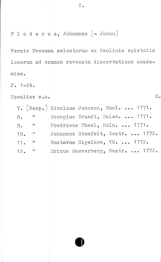  ﻿Floderus, Johannes [= Johan]
Versio Svecana selectorum ex Paulinis epistolis
locorum ad examen revocata dissertatione acade-
mica.
P. 1-24.
Upsaliae s.a.	8.
7.	[Resp.]	Ricolaus Jonsson, Smol. ..	. 1771.
8.	fl	Georgius Brandt, Dalec. ..	. 1771.
9.	ff	Fredricus Theel, Holm. ...	1771.
10.	ff	Johannes Stenfelt, Gestr.	... 1772.
11 .	ft	Gustavus Sigelkow, VG. ...	1772.
12.	ff	Ericus Gaeverberg, Gestr.	... 1772.
