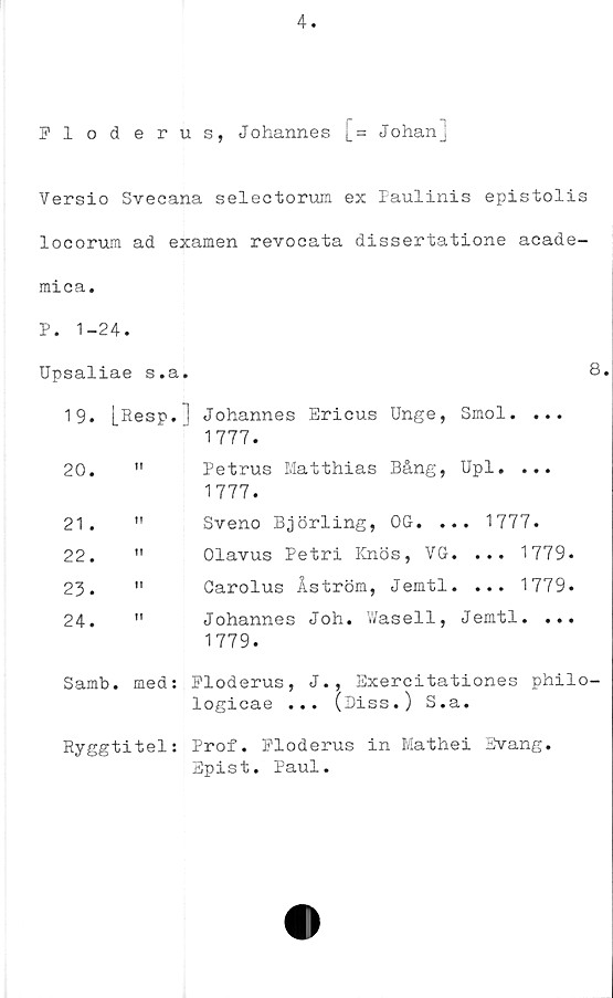  ﻿Floderus, Johannes [= Johan]
Versio Svecana selectorum ex Paulinis epistolis
locorum ad examen revocata dissertatione acade-
mica.
P. 1-24.
Upsaliae s.a.	8
19.	[Resp.J	Johannes Ericus Unge, Smol. ... 1777.
20.	II	Petrus Matthias Bång, Upl. ... 1777.
21 .	1!	Sveno Björling, OG. ... 1777.
22.	tt	Olavus Petri Knös, VG. ... 1779.
23.	II	Carolus Åström, Jemtl. ... 1779.
24.	II	Johannes Joh. Wasell, Jemtl. ... 1779.
Samb	• med:	Ploderus, J., Exercitationes philo logicae ... (Diss.) S.a.
Ryggtitel: Prof. Ploderus in Mathei Svang.
Epist. Paul.