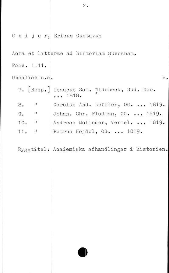  ﻿2
Geijer, Ericus Gustavus
Acta et litterae ad historiam Suecanam.
Paso. 1-11.
Upsaliae s.a.
8.
7. [Resp.]
Isaacus Sam. Widebeck, Sud. Ner.
... 1818.
8. "
9.	"
10.	"
11 . "
Garolus And. Leffler, OG. ... 1819.
Johan. Ghr. Flodman, OG. ... 1819.
Andreas Molinder, Vermel. ... 1819.
Petrus Nejdel, OG. ... 1819.
Ryggtitel; Academiska afhandlingar i historien.