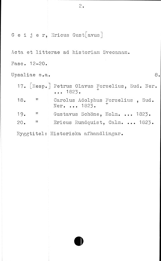  ﻿2
5 eijer, Ericus Gust[avus]
Acta et litterae ad historiam Svecanam.
Fasc. 12-20.
Upsaliae s.a.
8.
17.	[Resp.] Petrus Olavus Forselius, Sud. Ner.
... 1823.
18.	"	Carolus Adolphus	Forselius	, Sud.
Ner. ... 1823.	+
19.	"	Gustavus Schöne,	Holm. ...	1823.
20.	"	Ericus Rundquist,	Galm. ... 1823.
Ryggtitel: Historiska afhandlingar.