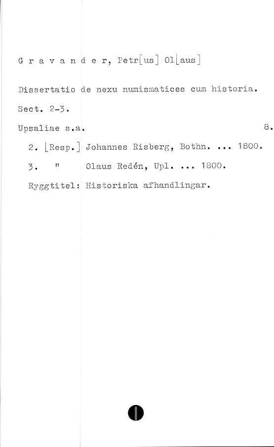  ﻿Gravande r, Petr[us] Ol[ausj
Dissertatio de nexu numismatices cum historia.
Sect. 2-3.
Upsaliae s.a.	8.
2.	|_Resp.j Johannes Risberg, Bothn. ... 1800.
3.	" Olaus Redén, Upl. ... 1800.
Ryggtitel: Historiska afhandlingar.