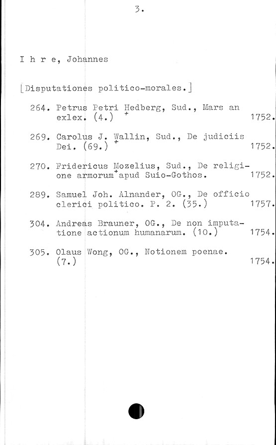 ﻿Ihre, Johannes
[Disputationes politico-morales.j
264. Petrus Petri Hedberg, Sud., Mars an
exlex. (4.)	+	1752.
269.	Carolus J. Wallin, Sud., De judiciis
Dei. (69.) +	1752.
270.	Pridericus Mozelius, Sud., De religi-
one armorum+apud Suio-Gothos.	1752.
289. Samuel Joh. Alnander, OG., De officio
clerici politico. P. 2. (35.)	1757.
304.	Andreas Brauner, OG., De non imputa-
tione actionum humanarum. (10.)	1754.
305.	Olaus Wong, OG., Notionem poenae.
(7.)	1754.